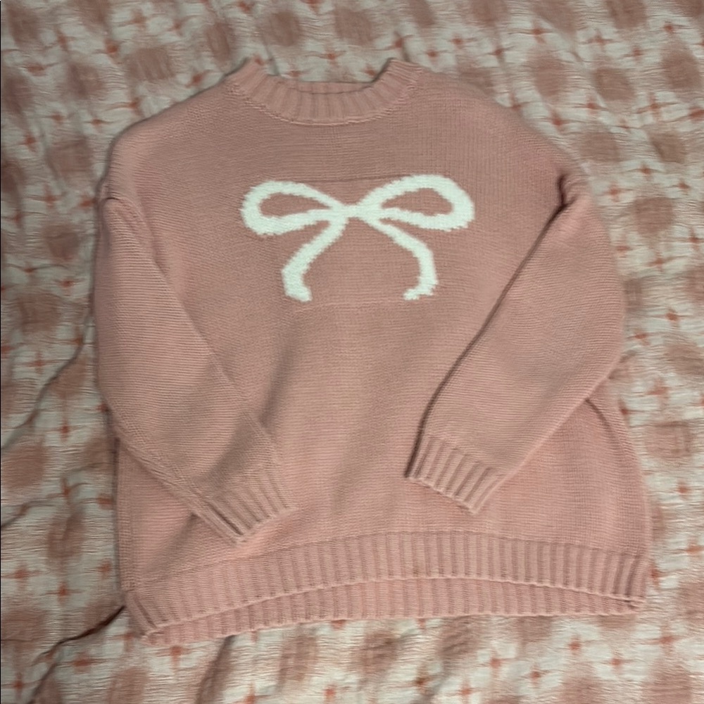 Sincerely Jules Pink and White Crew Neck Sweater with Bow Design